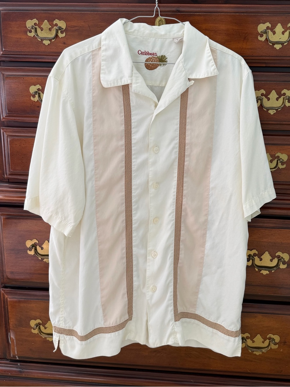 Caribbean Resort Wear Cream and Tan Camp Shirt Vacation Button Up Size M